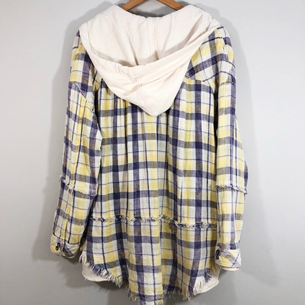 FP We the Free Calico Basin Distressed Yellow & Blue Hoodie Shacket OB9992328 S - Picture 12 of 16